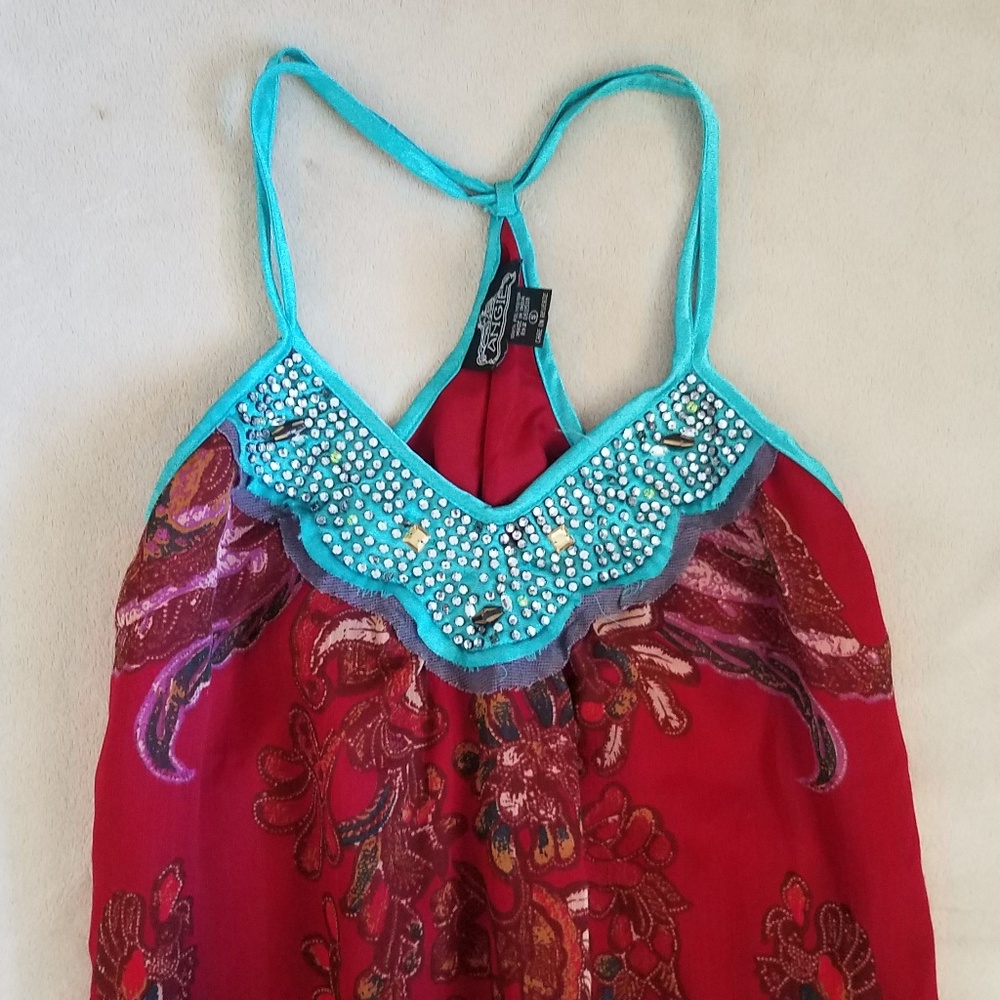 Beaded Red Printed Flowy Top size Small